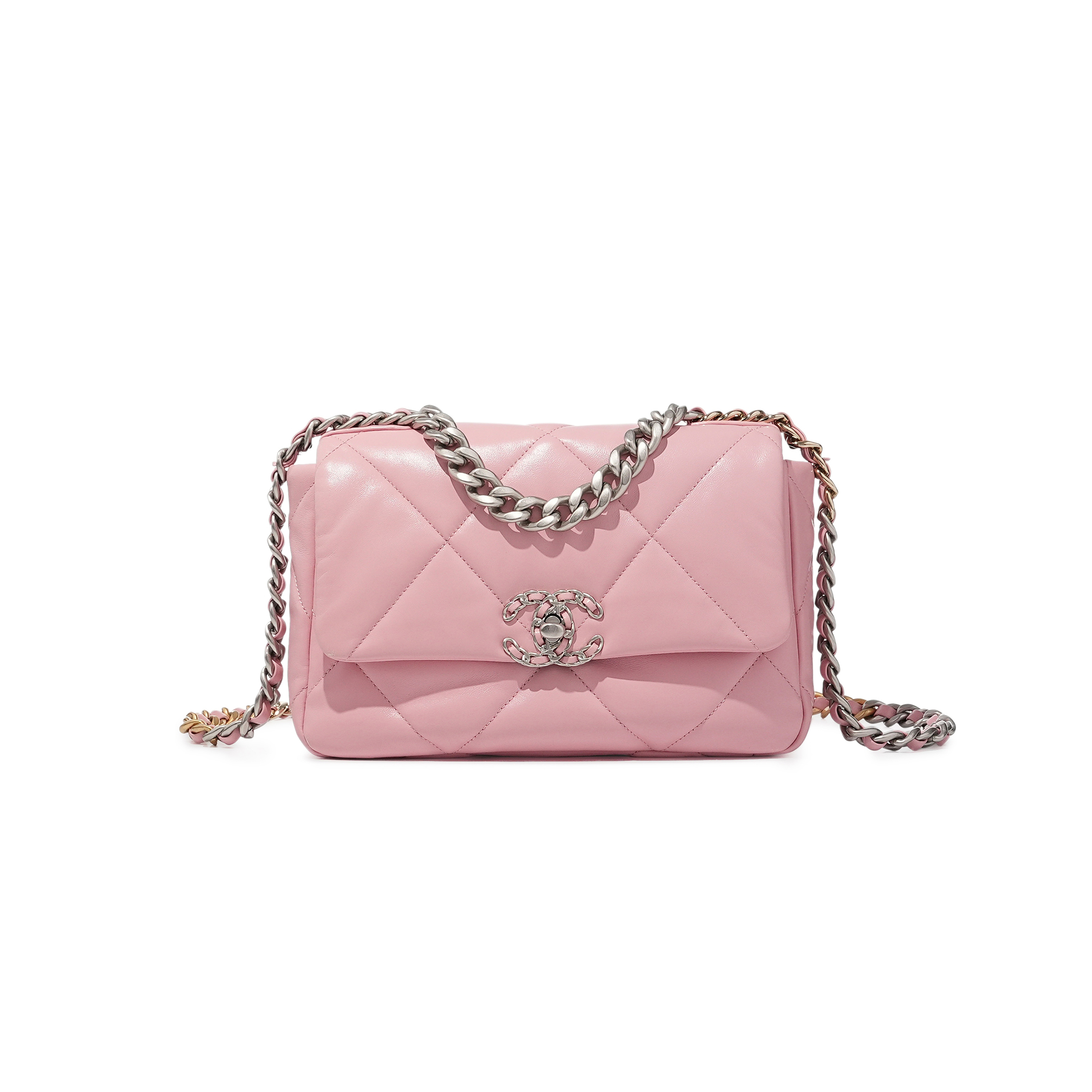 CHANEL BABY PINK QUILTED LAMBSKIN 19 FLAP BAG PALE GOLD AND RUTHENIUM HARDWARE AS1160 (26*16*9cm)